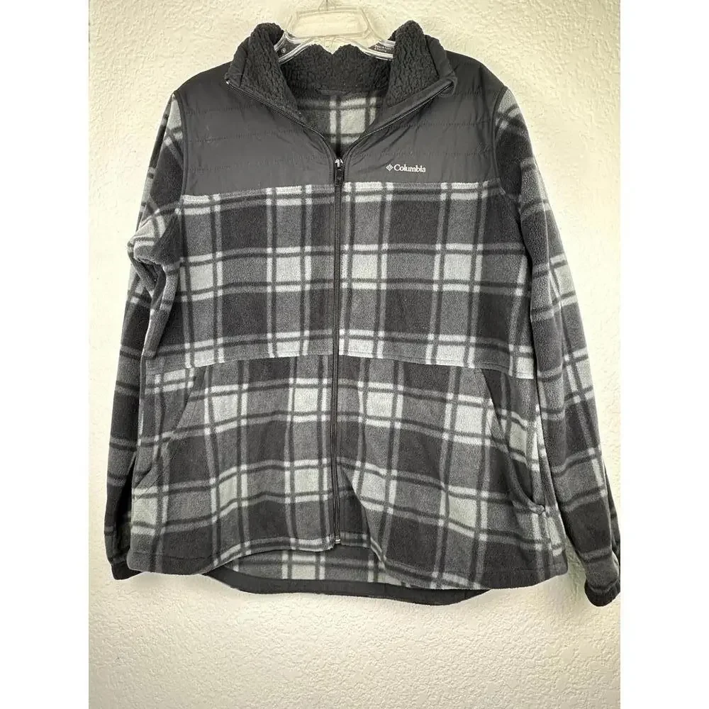 Men’s XL Columbia Gray Plaid Fleece Jacket Nylon Yoke Full Zip Outdoor - Picture 2 of 6